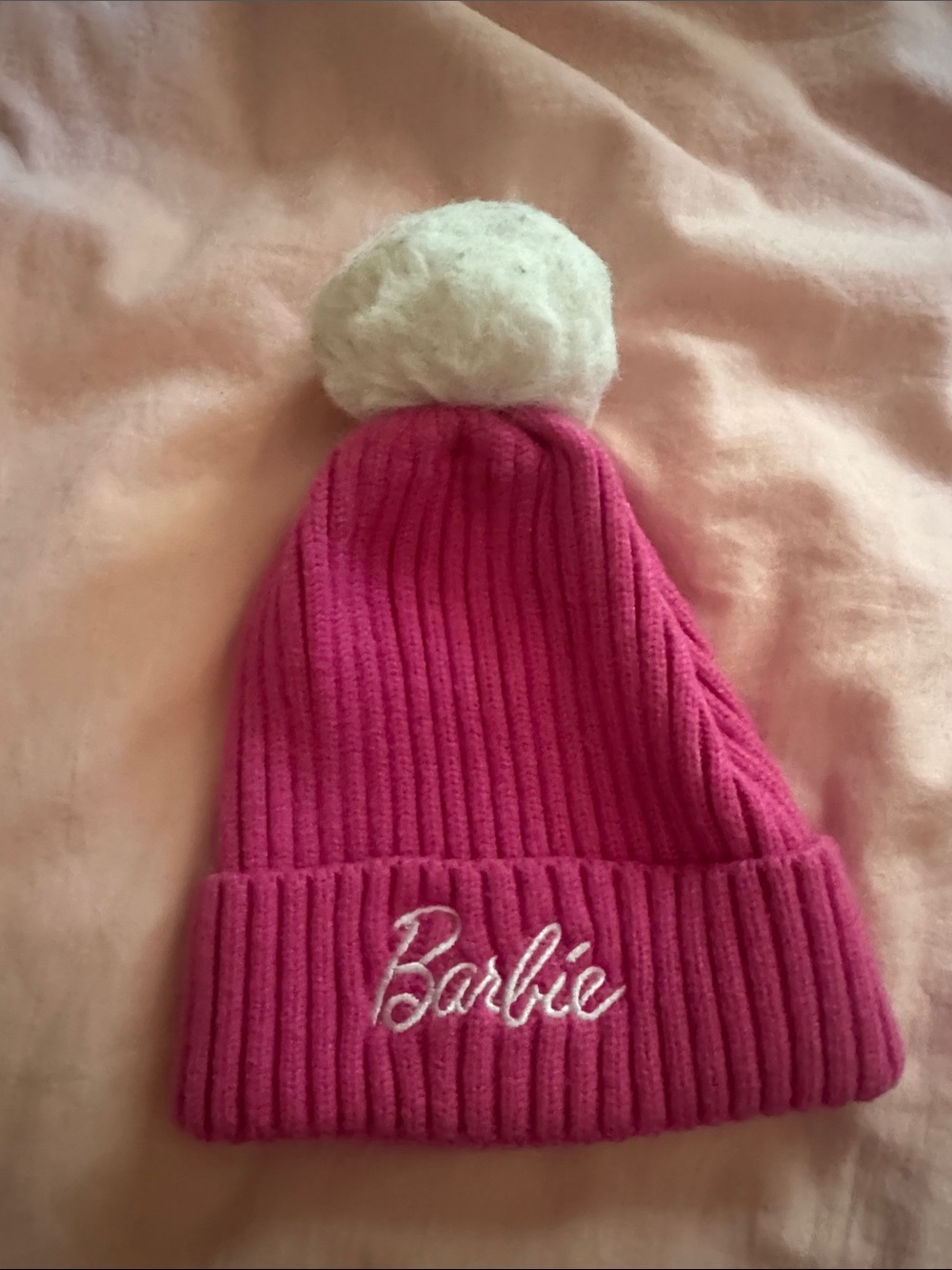 Barbie Bright Pink Knit Beanie with White Pom